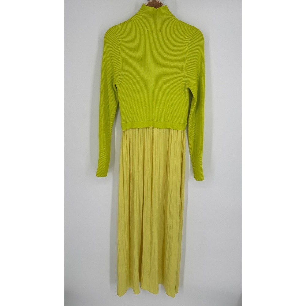 Anthropologie Thea Twofer Sweater Dress L Chartreuse Yellow Ribbed Maxi Pleated - Picture 7 of 12